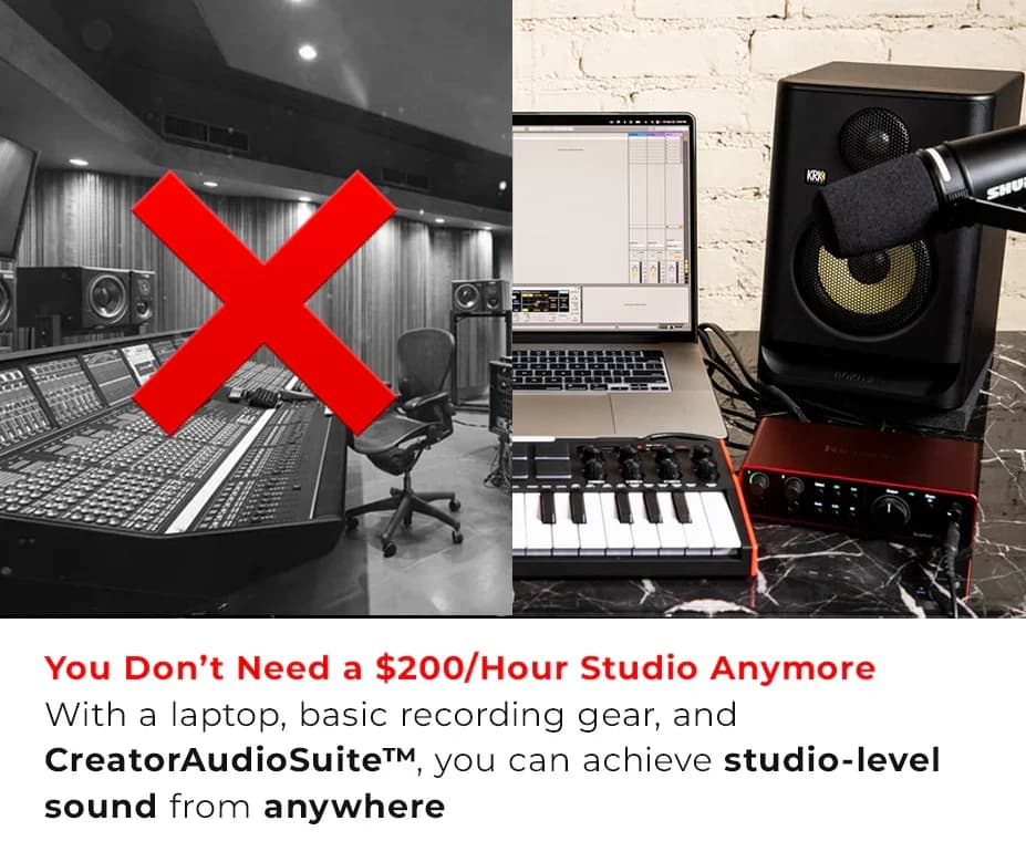 A big commercial studio crossed out next to a home setup: laptop, MIDI keyboard, audio interface, monitor and mic. You don't need a $200/hour studio anymore.